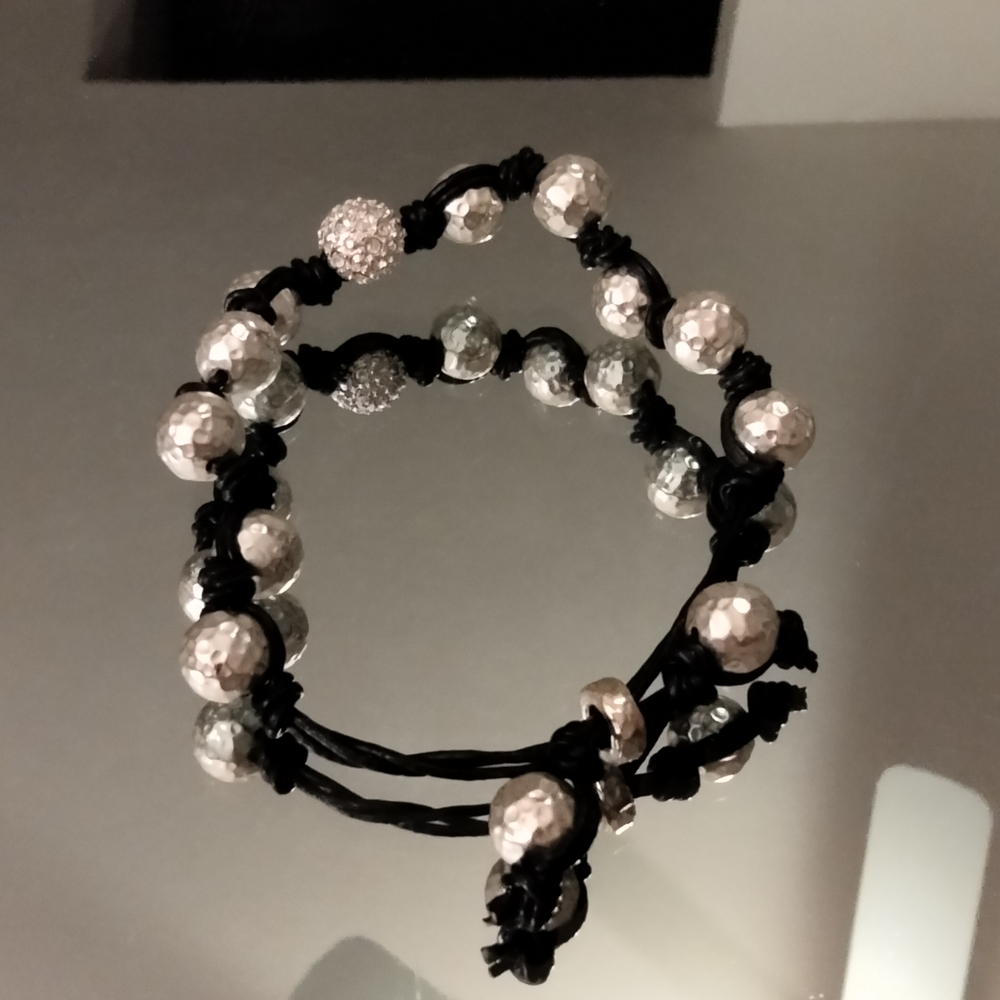 Silver Hammered Bead Bracelet On Black Leather Cord Y2k vintage - Picture 6 of 14